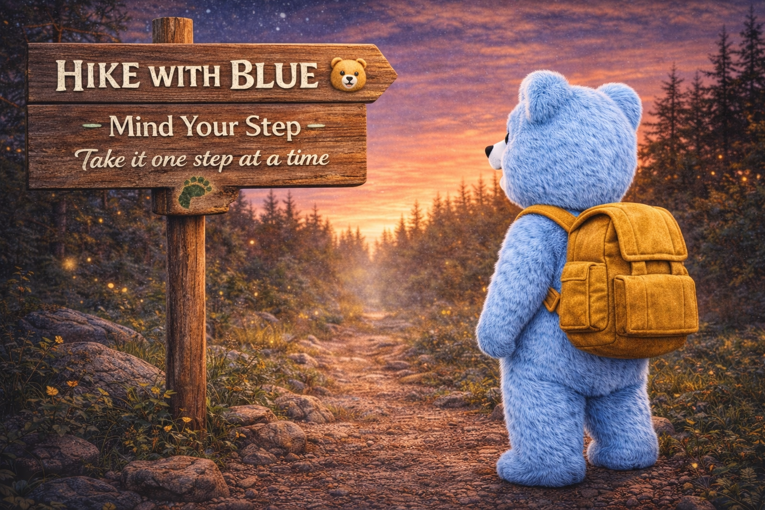 Blue pointing at a sign that says Pack what you need